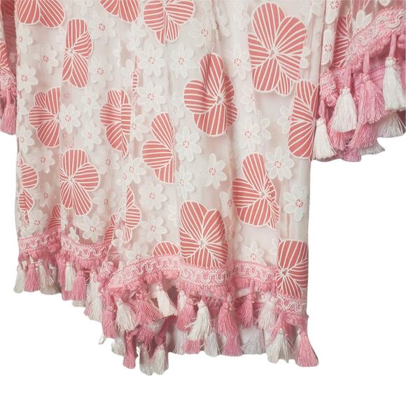 Entro Pink FLoral Bell Sleeved Tassels Sheer Romper Jumpsuit sz Large - Picture 4 of 7